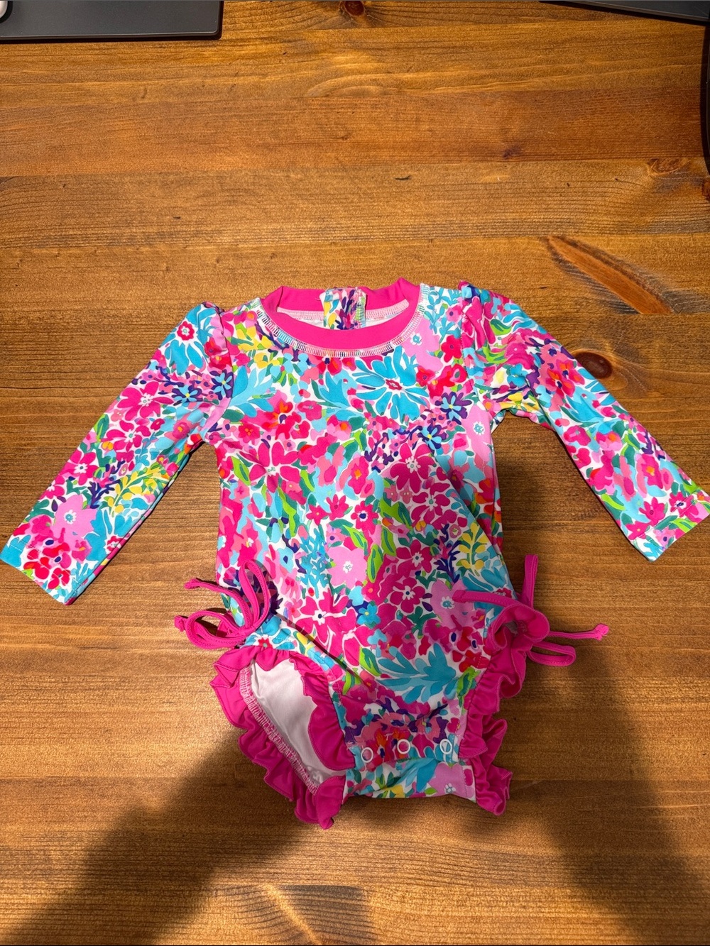 Caden Lane Pink Floral Long-Sleeve One-Piece Swimsuit with Blue & Green Accents